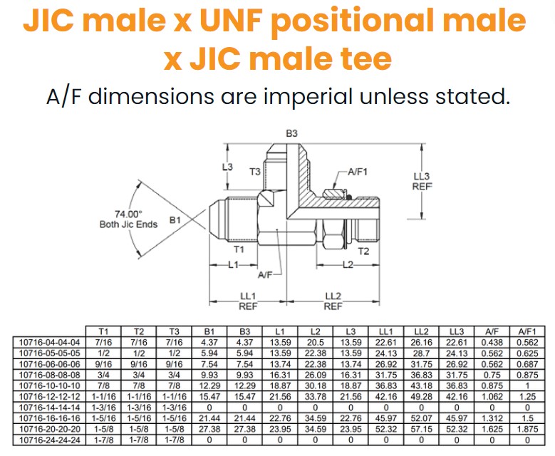 7/16 JIC x 7/16 UNF x 7/16 JIC M/M/M Positional Tee On Run Hydraulic Adaptor